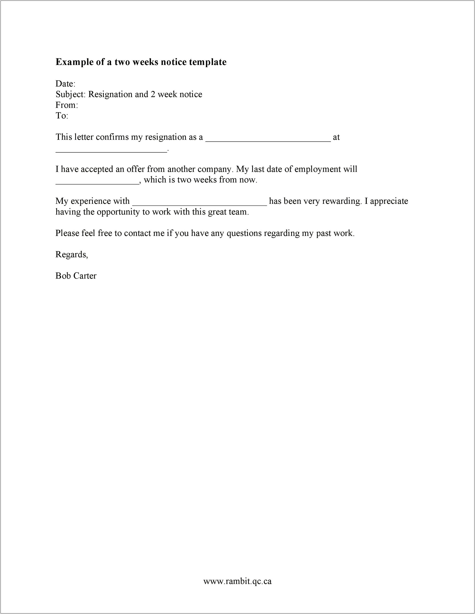 2 Week Notice Template Letter Free