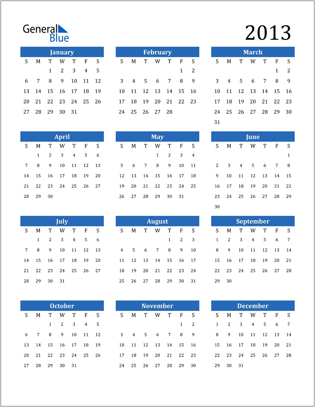 2013 Free Printable Yearly Calendar Templates