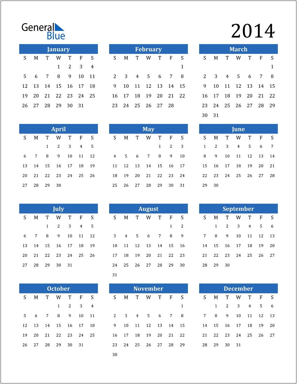 2014 Calendar Year Printable Word Template Free