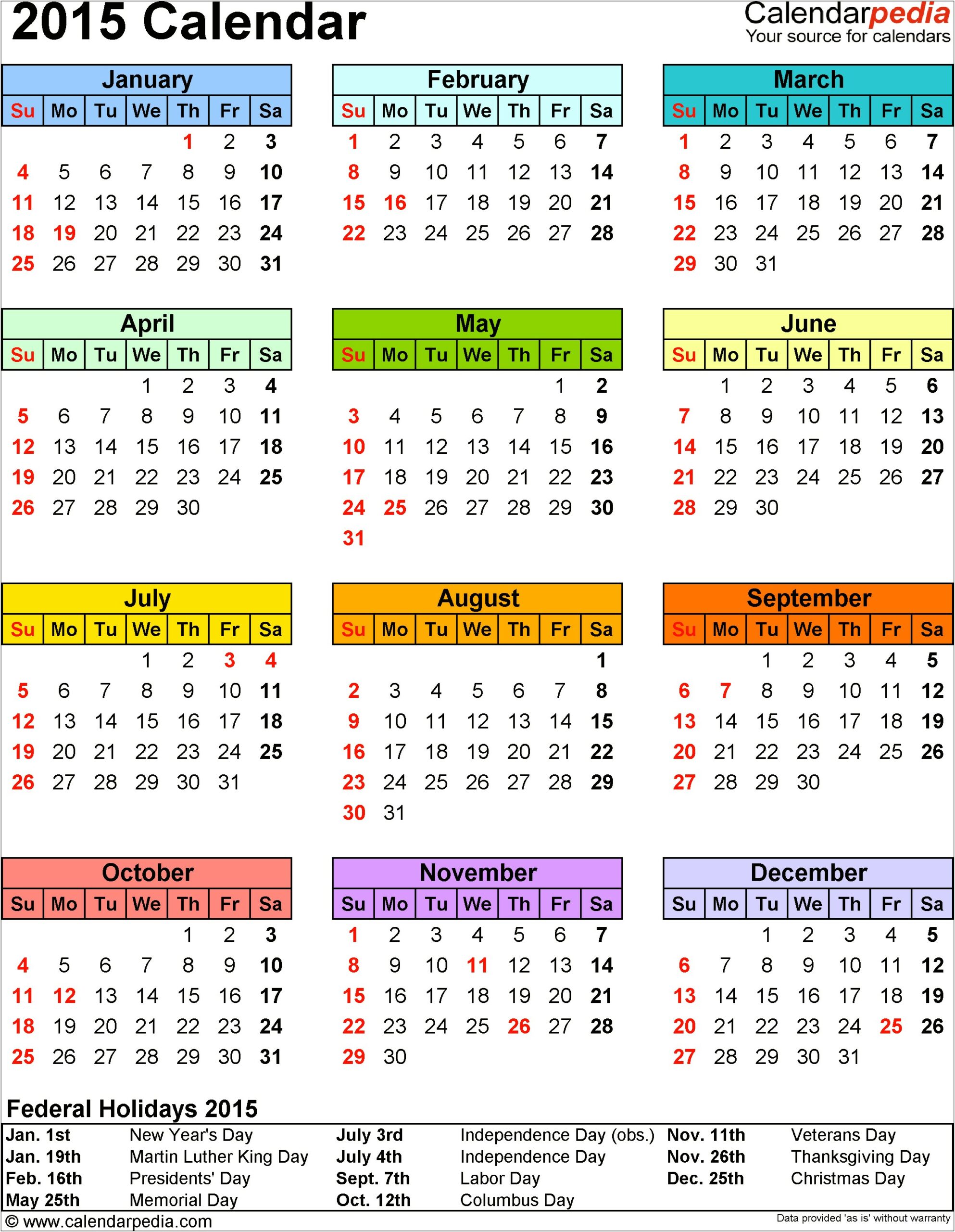 2015 Calendar Excel Template Free Download