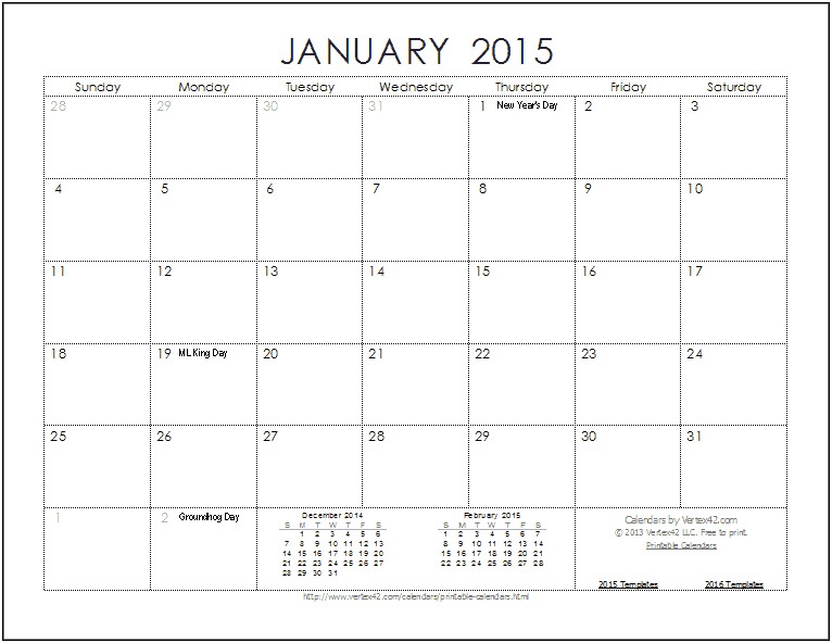 2015 Calendar Year Printable Word Template Free