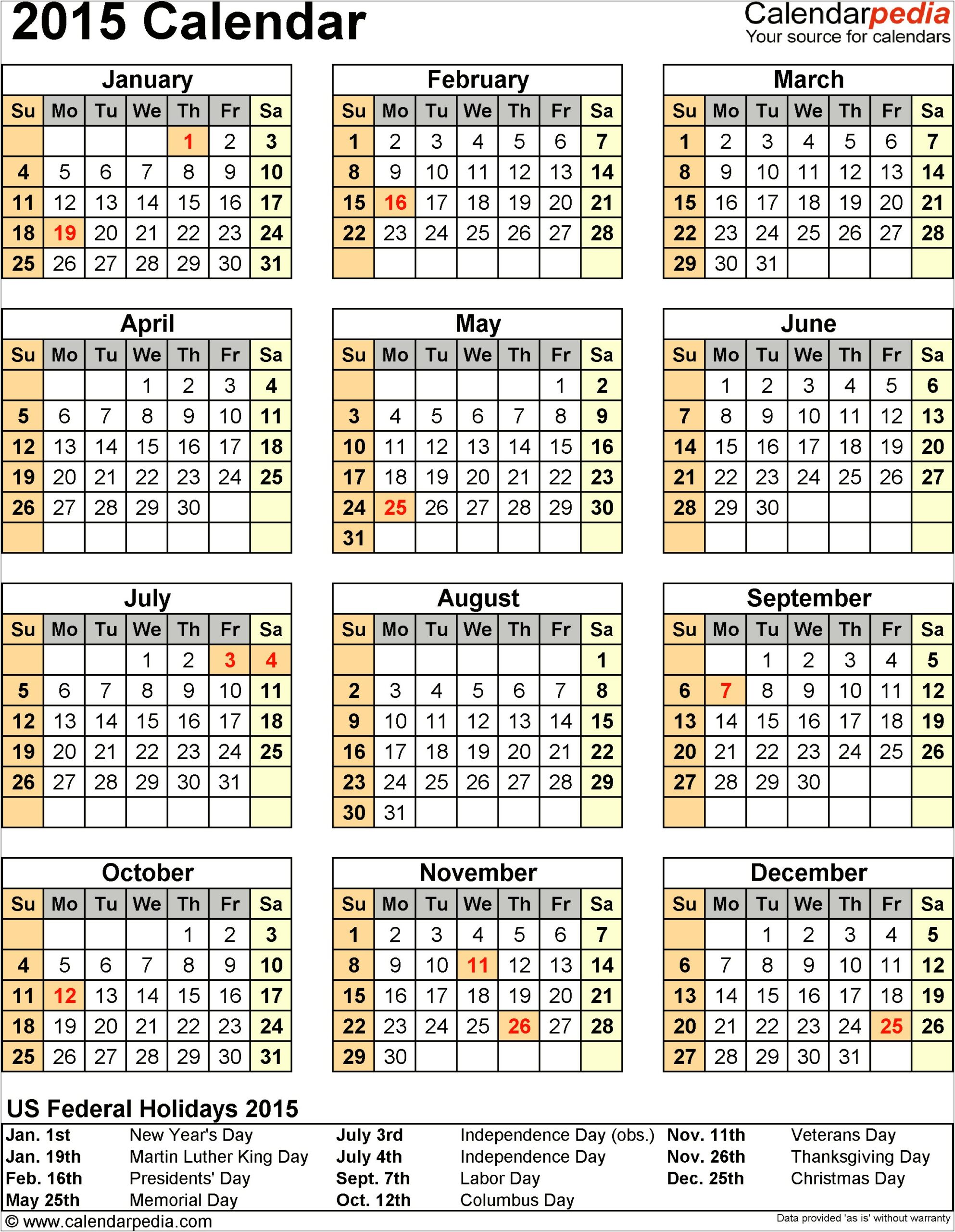2015 Free Calendar Templates With Holidays