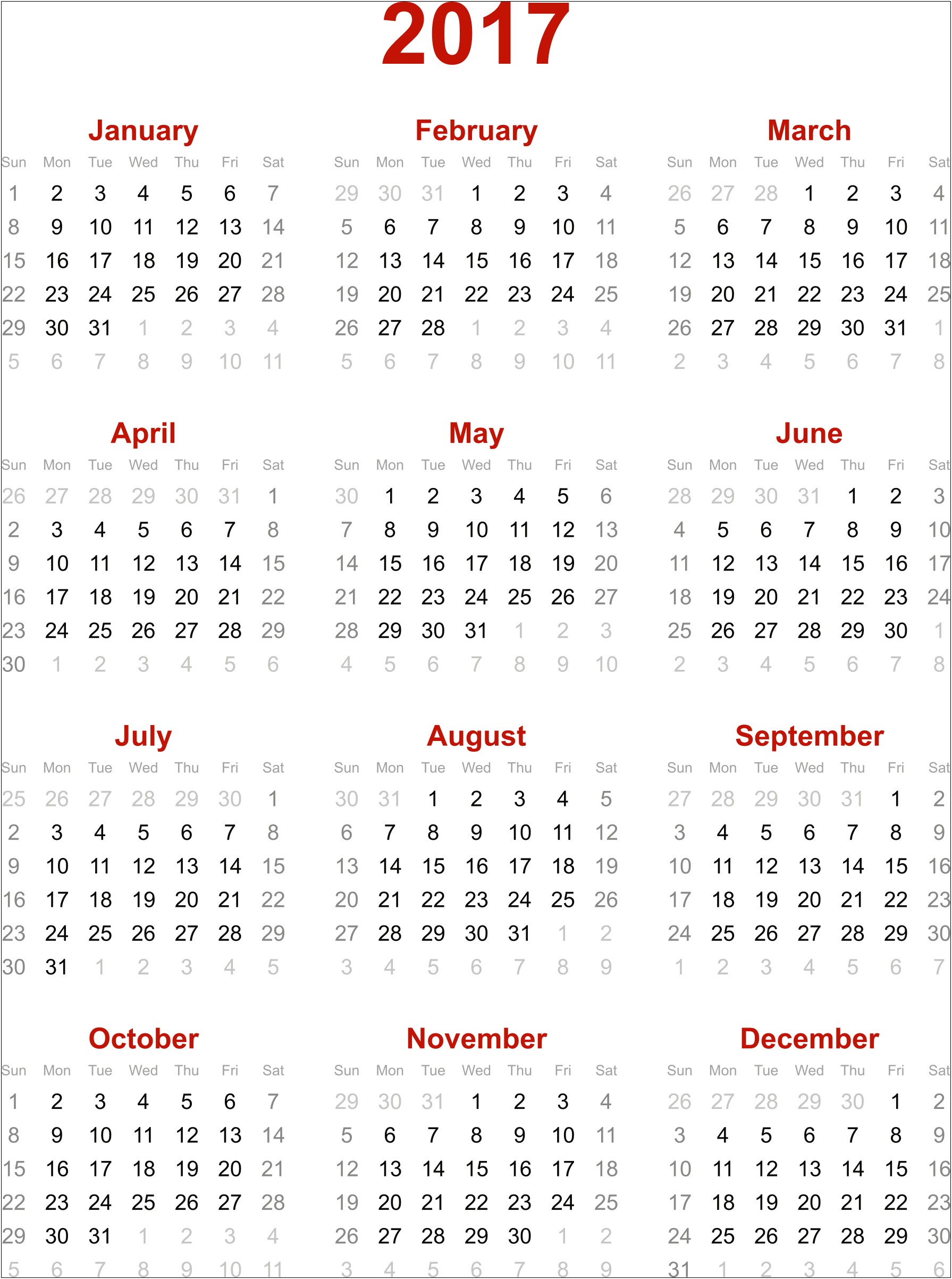 2017 Calendar With Holidays Printable Images Free Template
