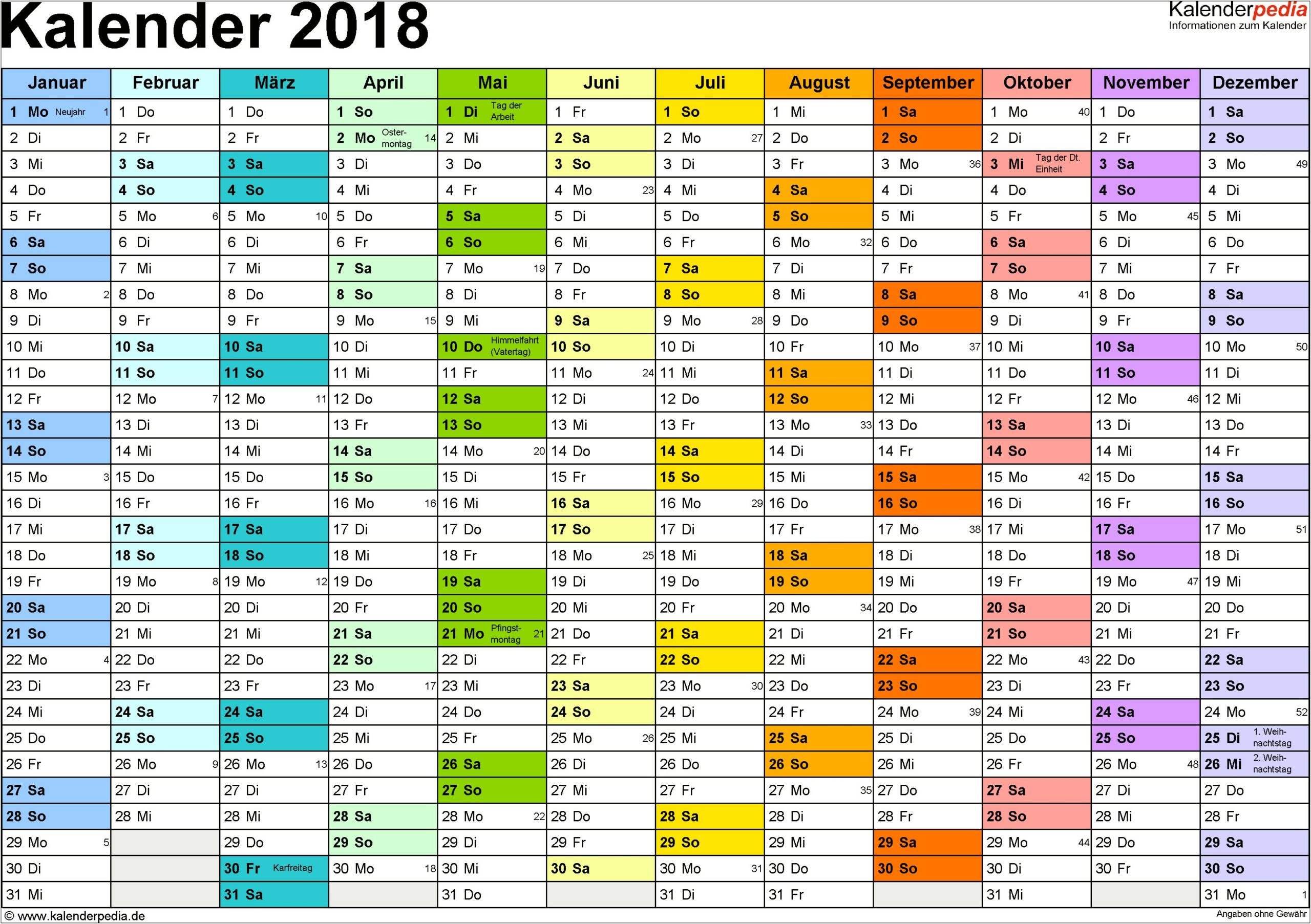 2018 Yearly Calendar Template Excel Free