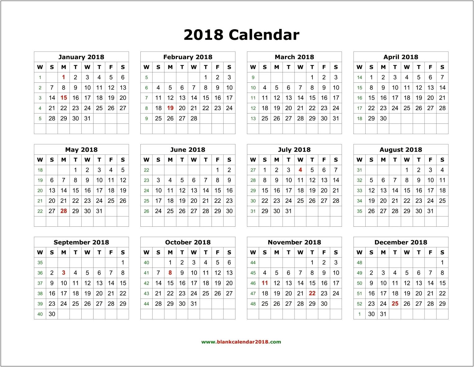 2018 Yearly Calendar Template Word Free