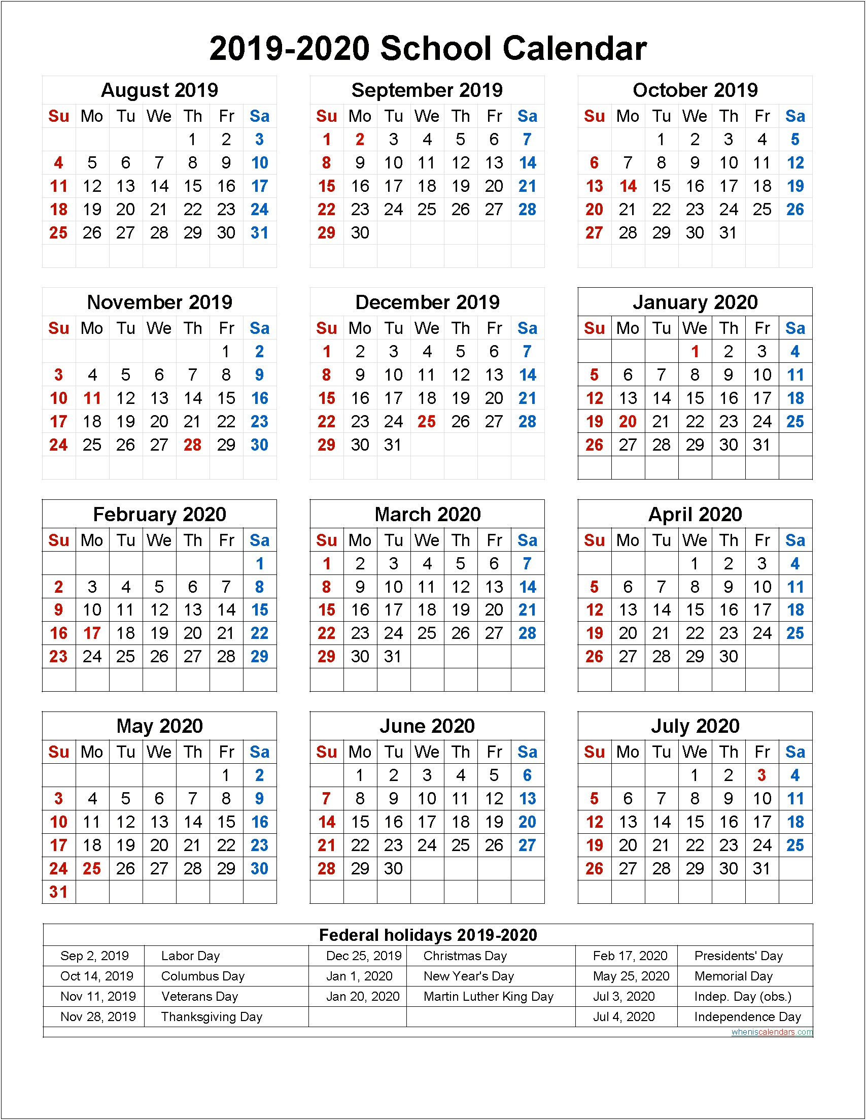2019 2020 Academic Calendar Template Commercial Free