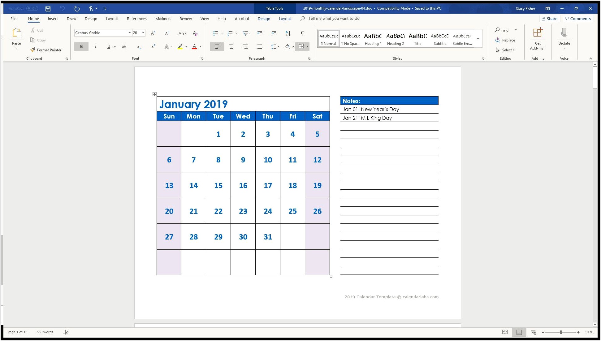 2019 Monthly Calendar Template Excel Free Download