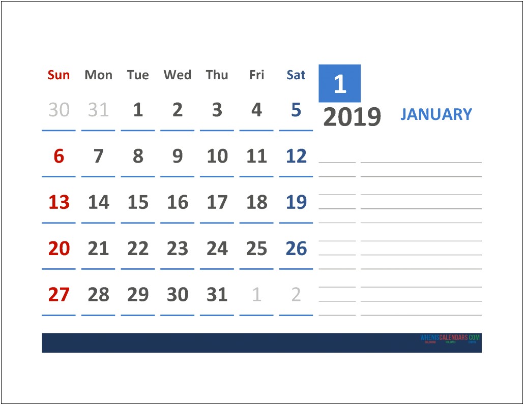 2019 Monthly Calendar Template Excel Free