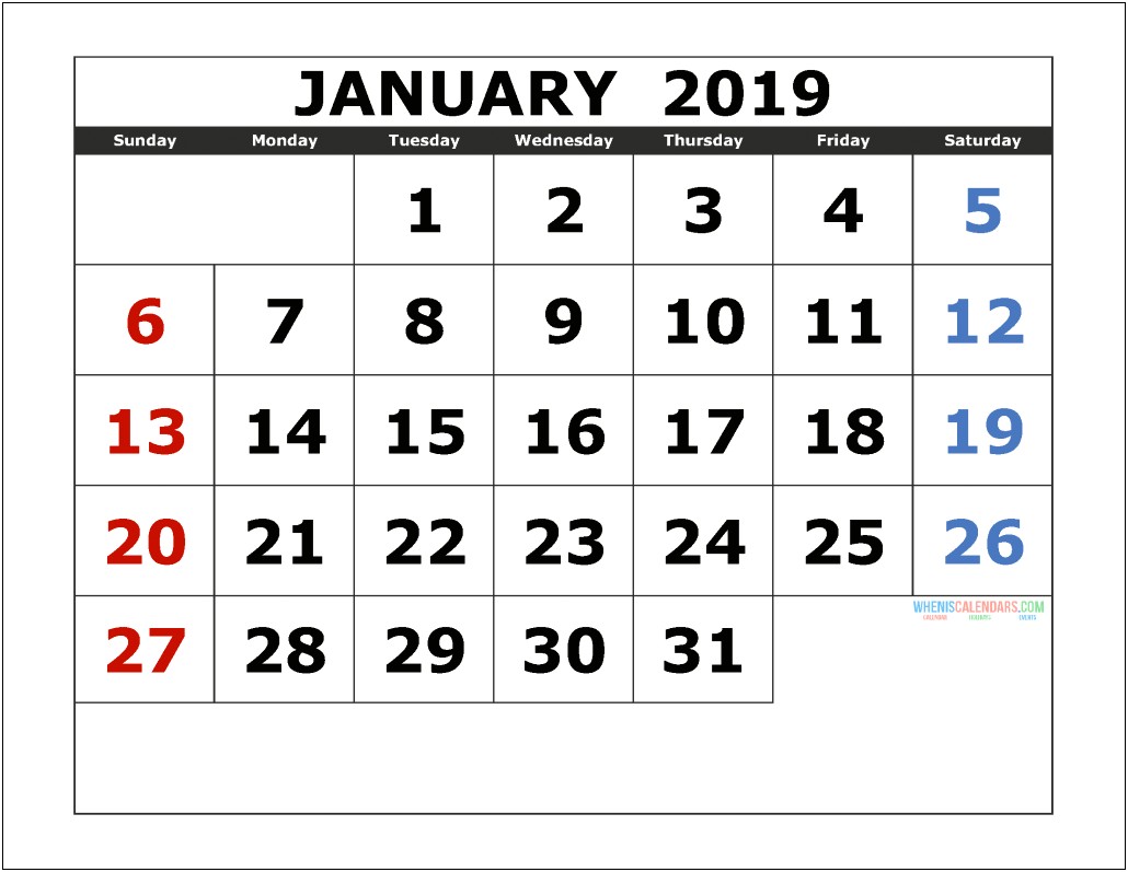2019 Monthly Calendar Template Free Printable