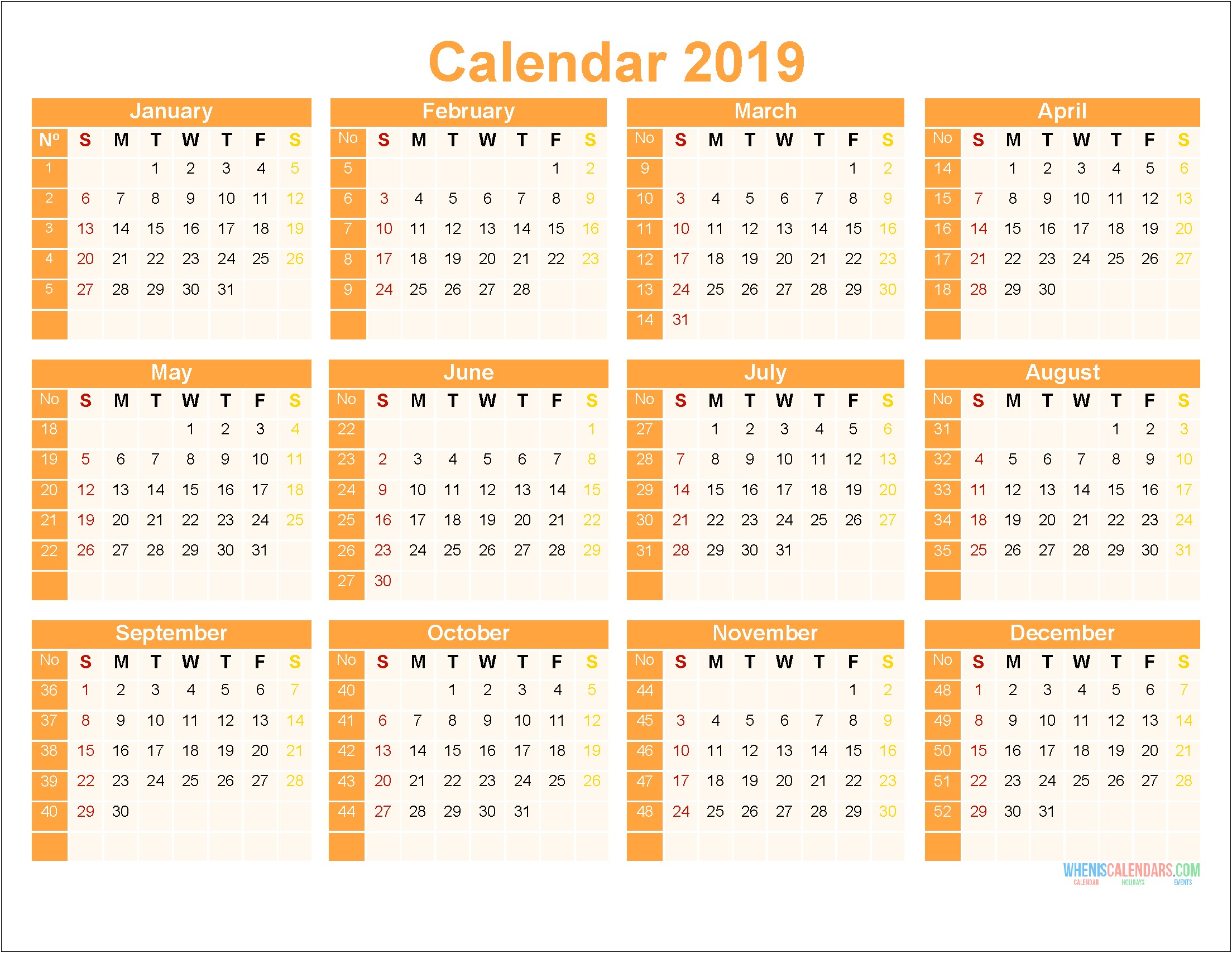 2019 Yearly Calendar Template Excel Free