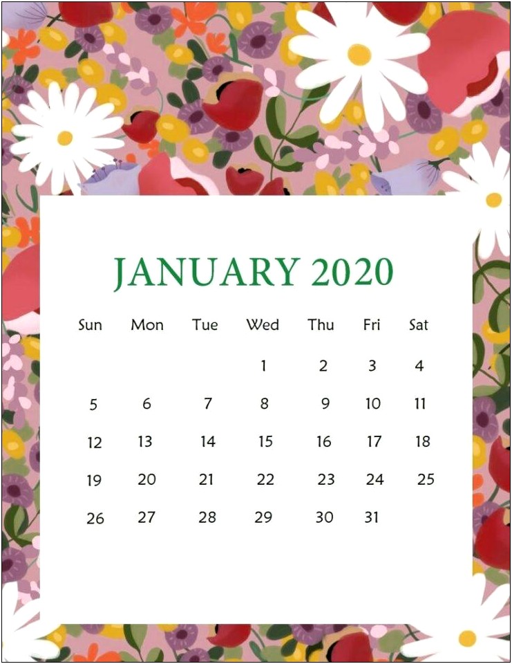 2020 Calendar Printable Template Free Cute Portrait