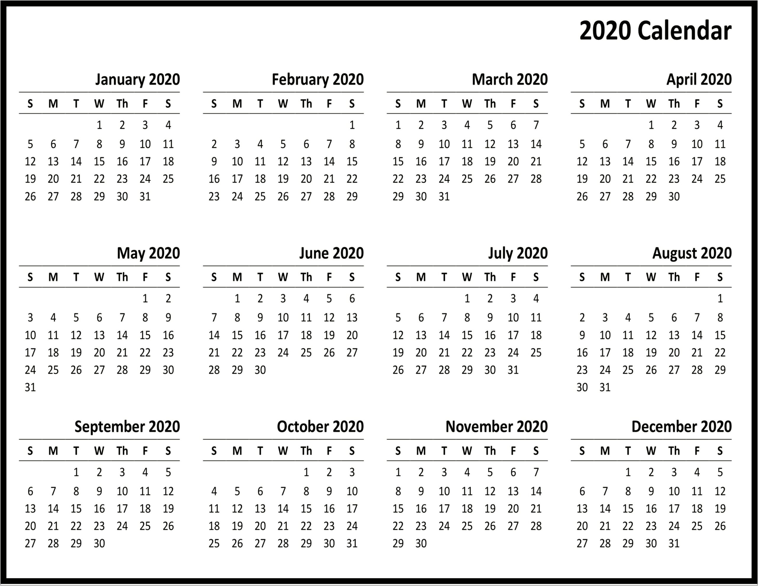 2020 Calendar Template Word Free Download