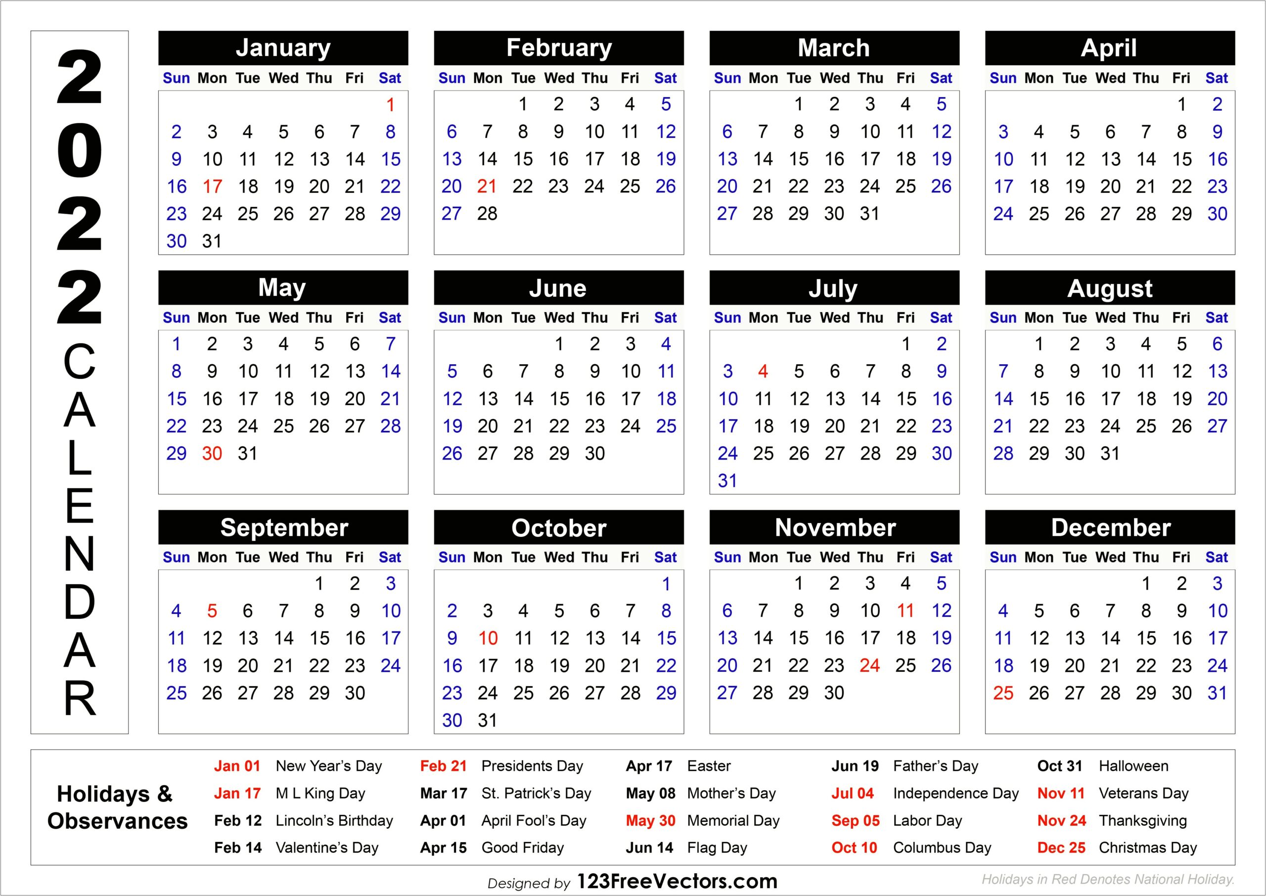 2020 Free Calendar Template With Holidays