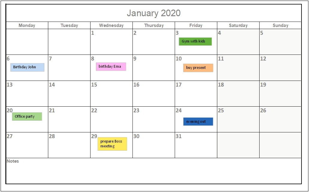 2020 Monthly Calendar Excel Template Free