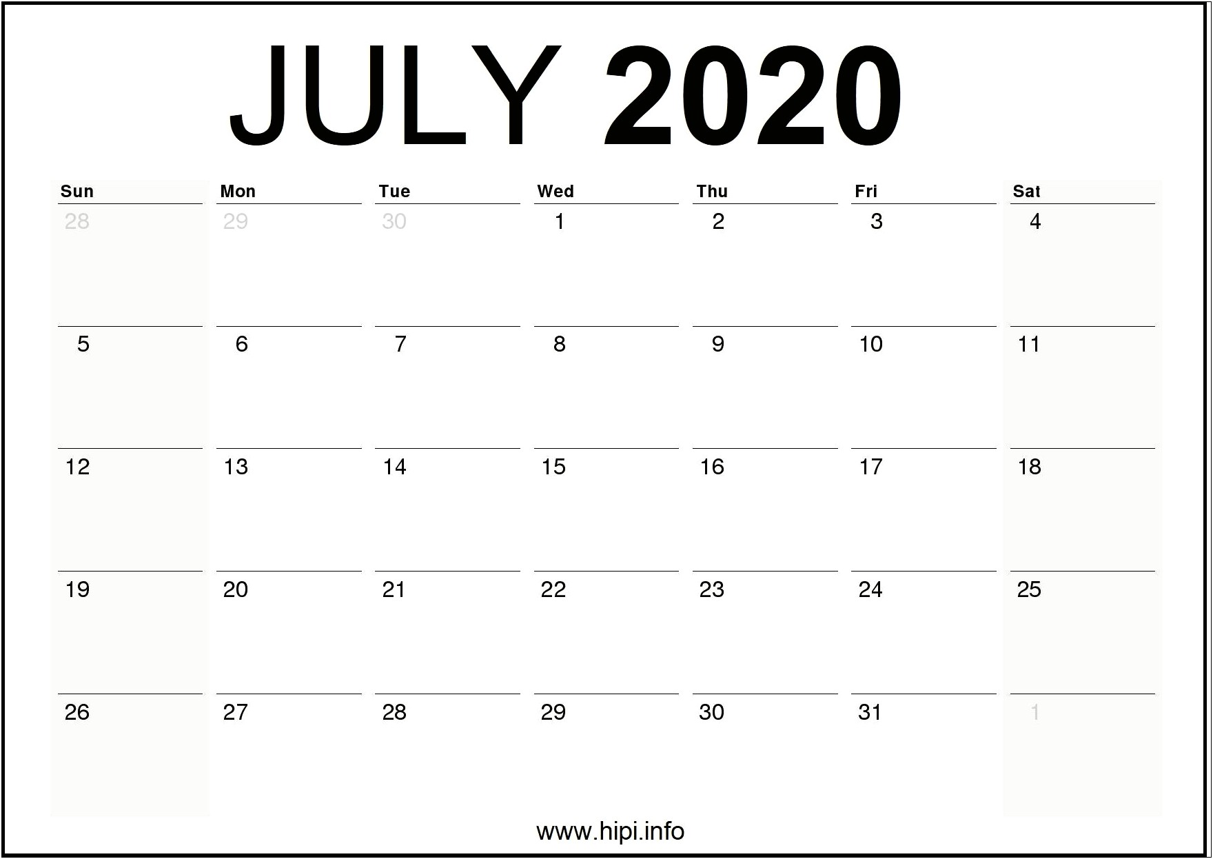 2020 Monthly Calendar Template Free Download