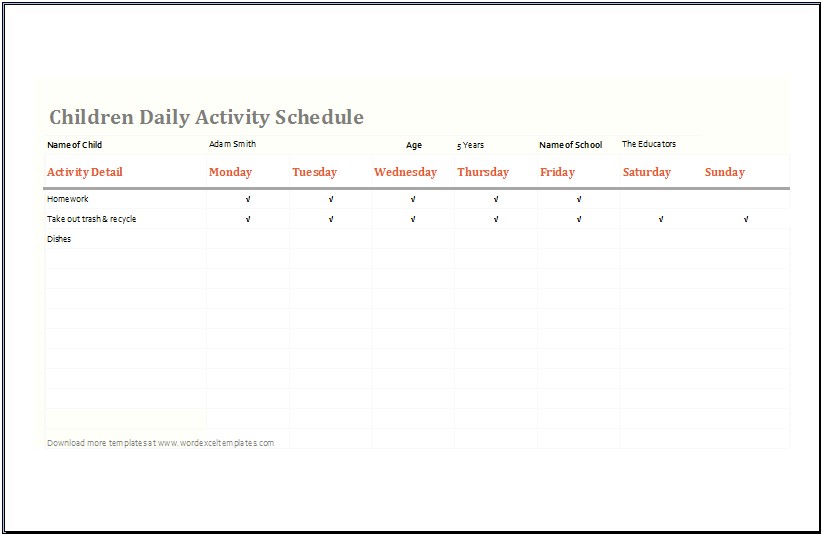 Activity Plan Template Excel Free Preschool