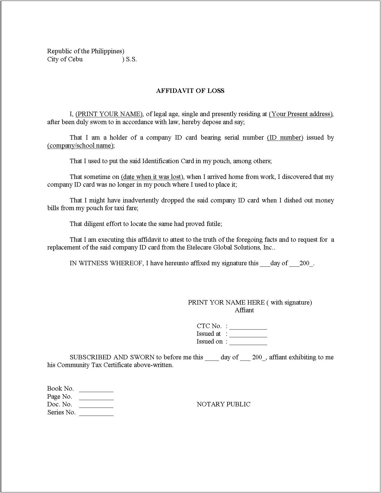 Affidavit Of Witness Template In Word Free