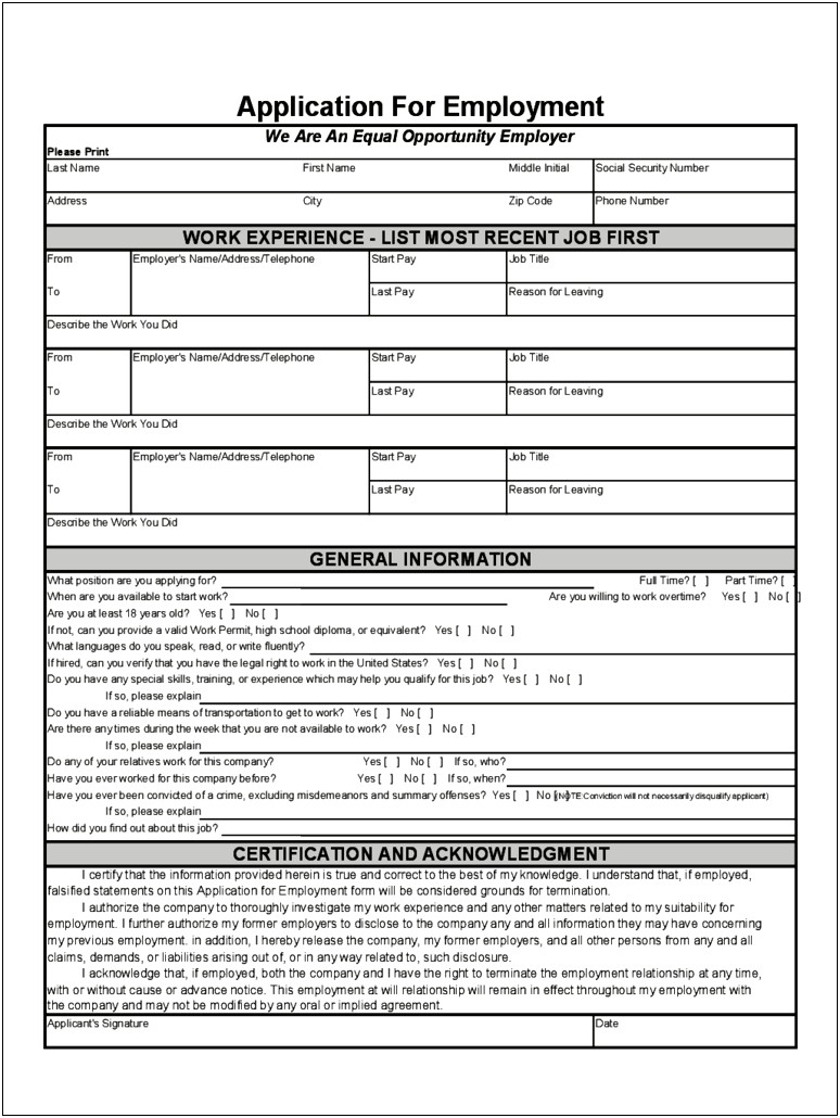 Application For Employment Form Free Template