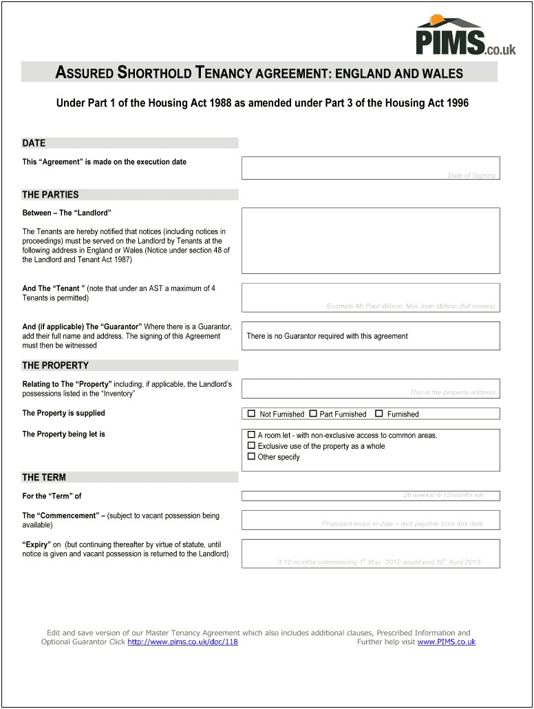 Assured Shorthold Tenancy Agreement Form Template Free Download
