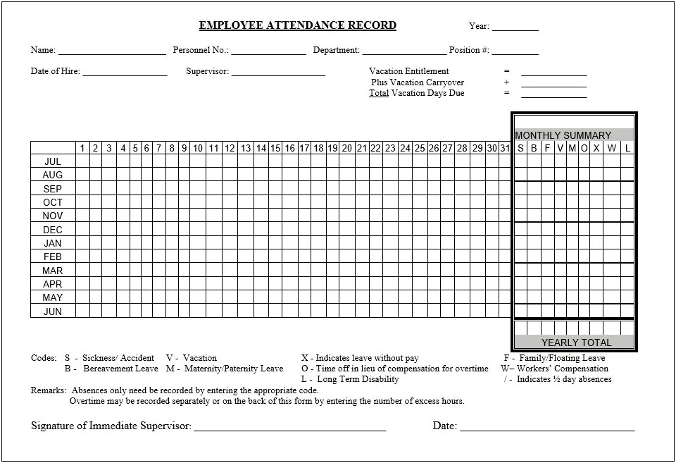 Attendance History Card Free Download Template