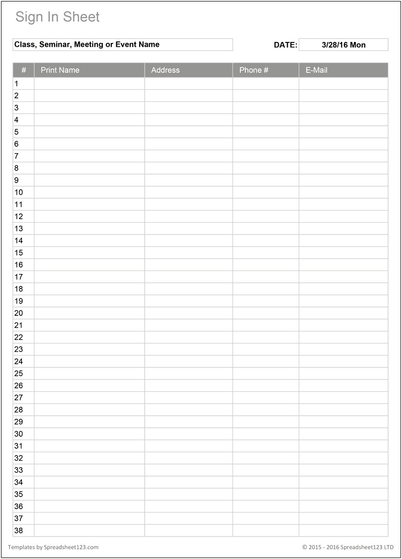 Attendance Sign In Sheet Template Free
