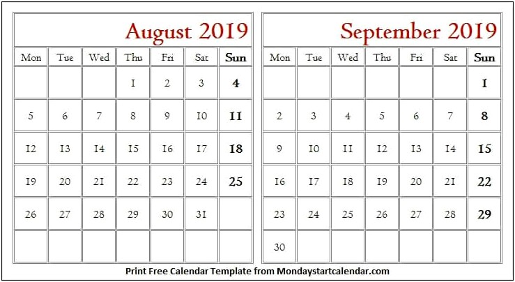 August Free Printable Blank Calendar Template 2019