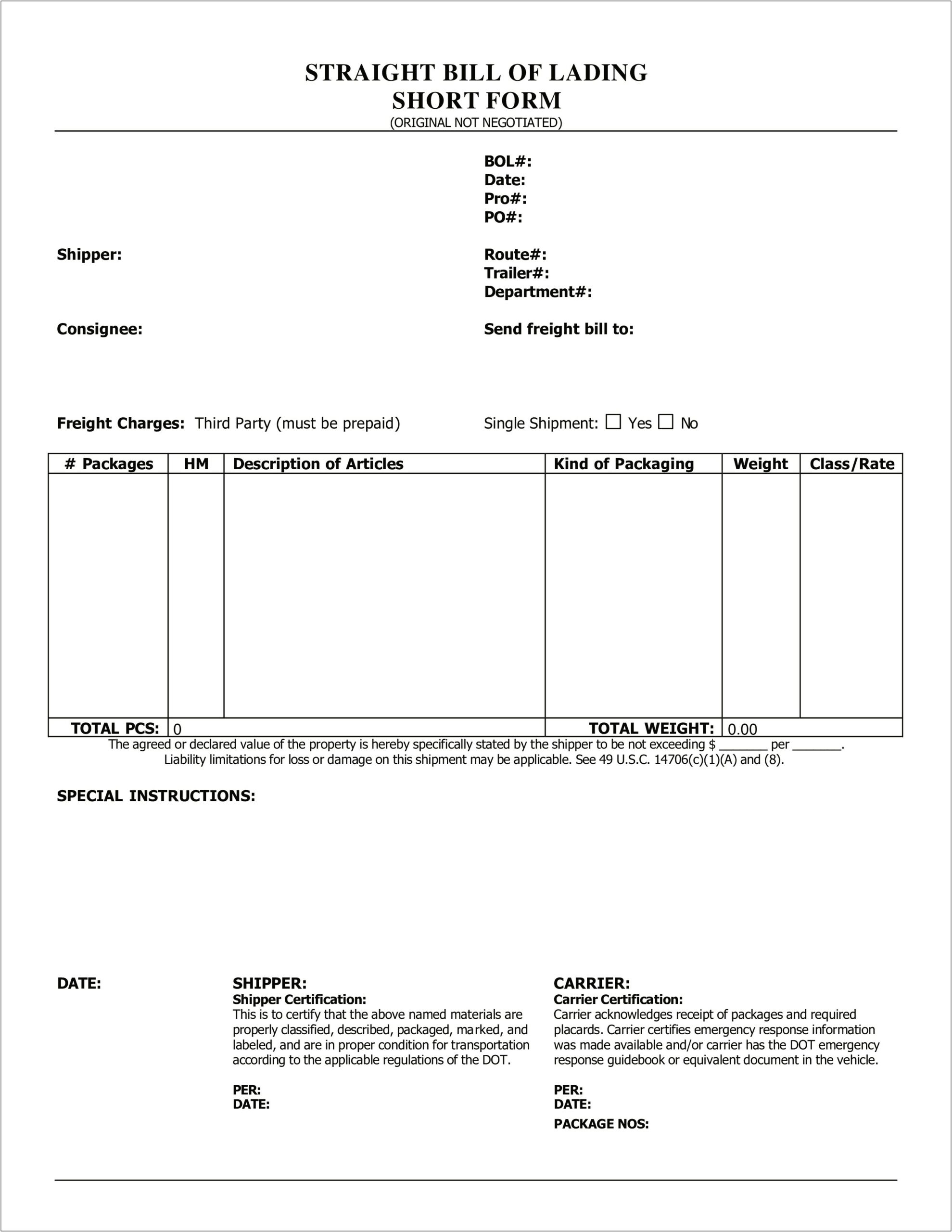 Automobile Transport Free Printable Bill Of Lading Template