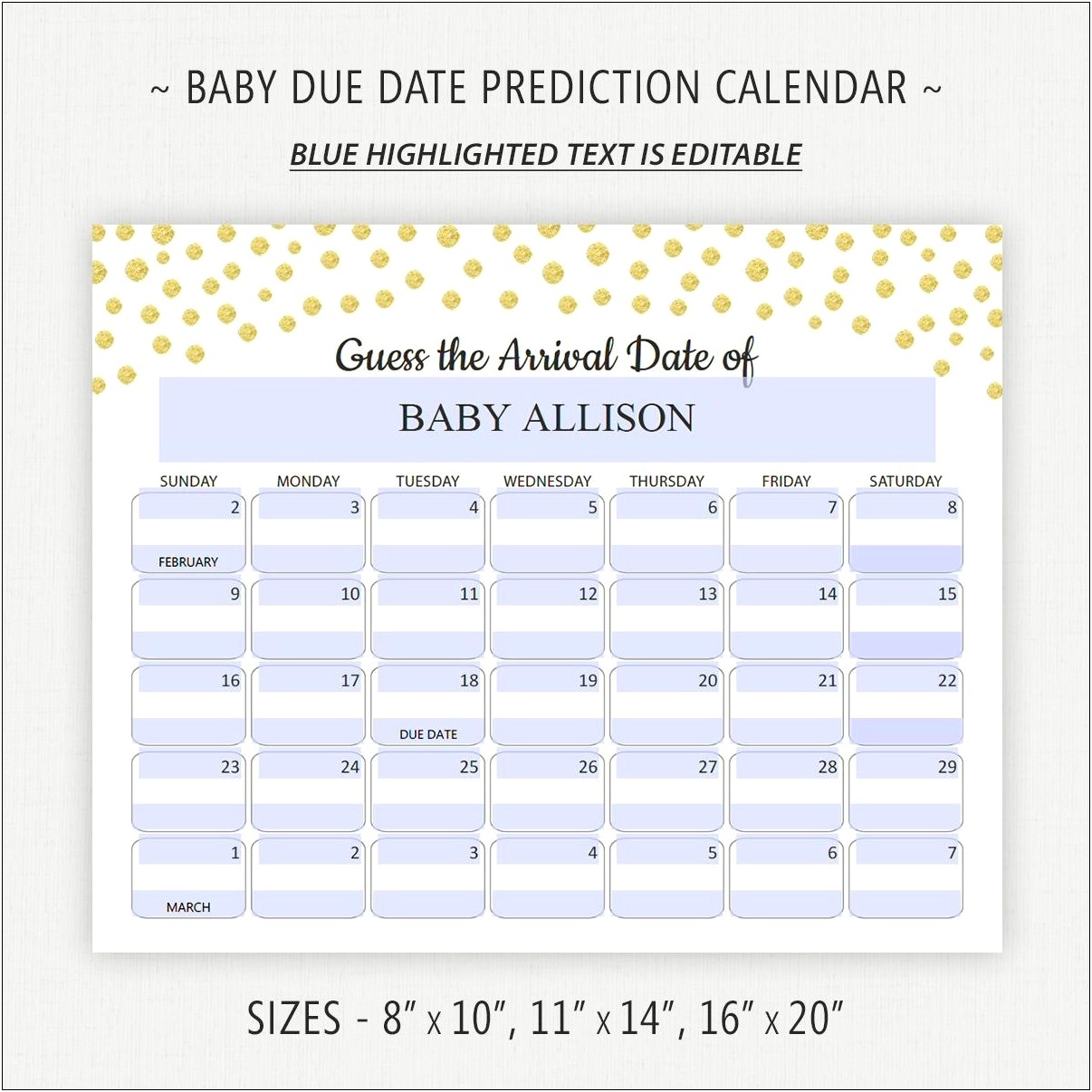 Baby Shower Calendar Guess Template Free