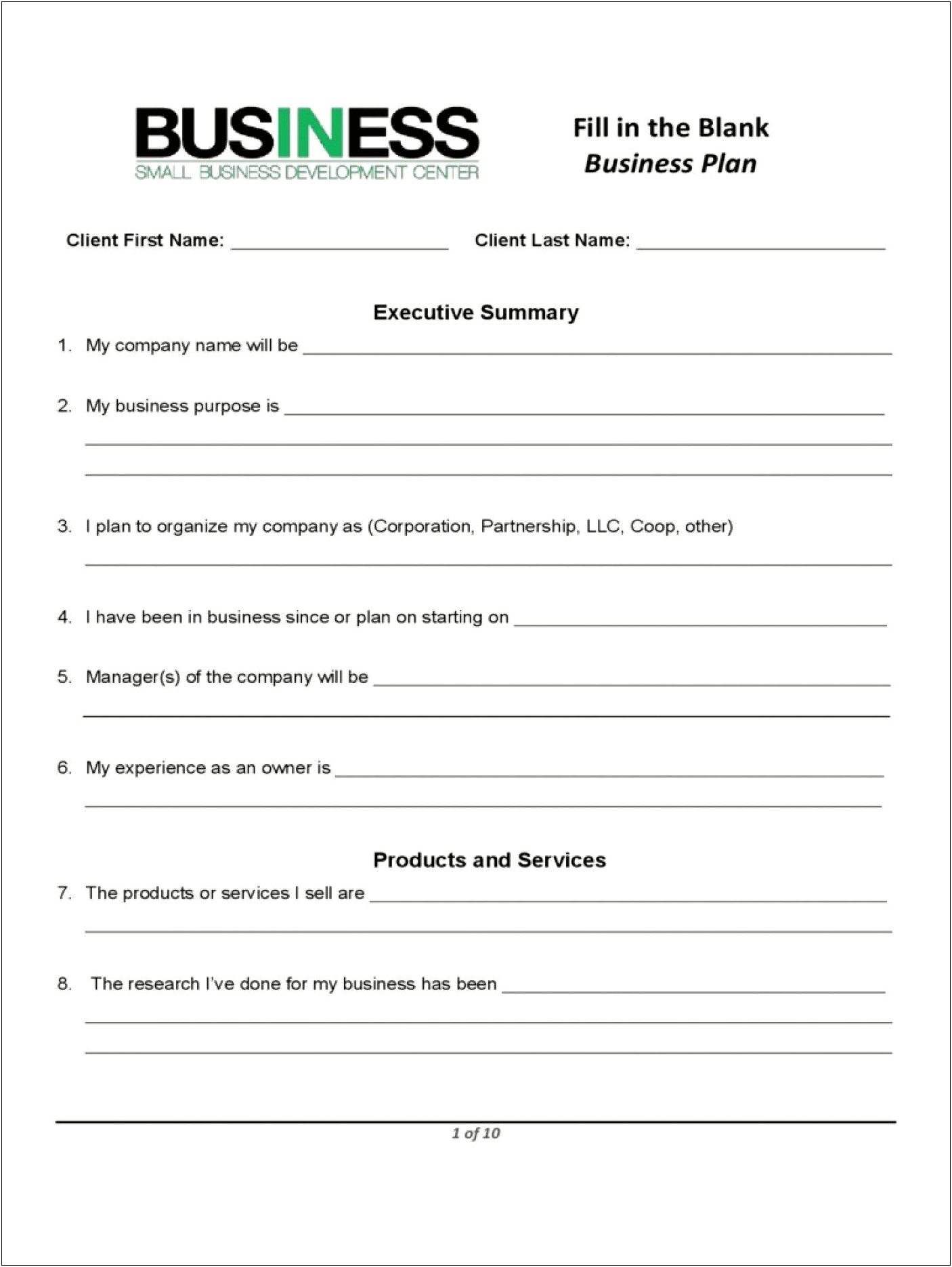 Basic Small Business Plan Template Free