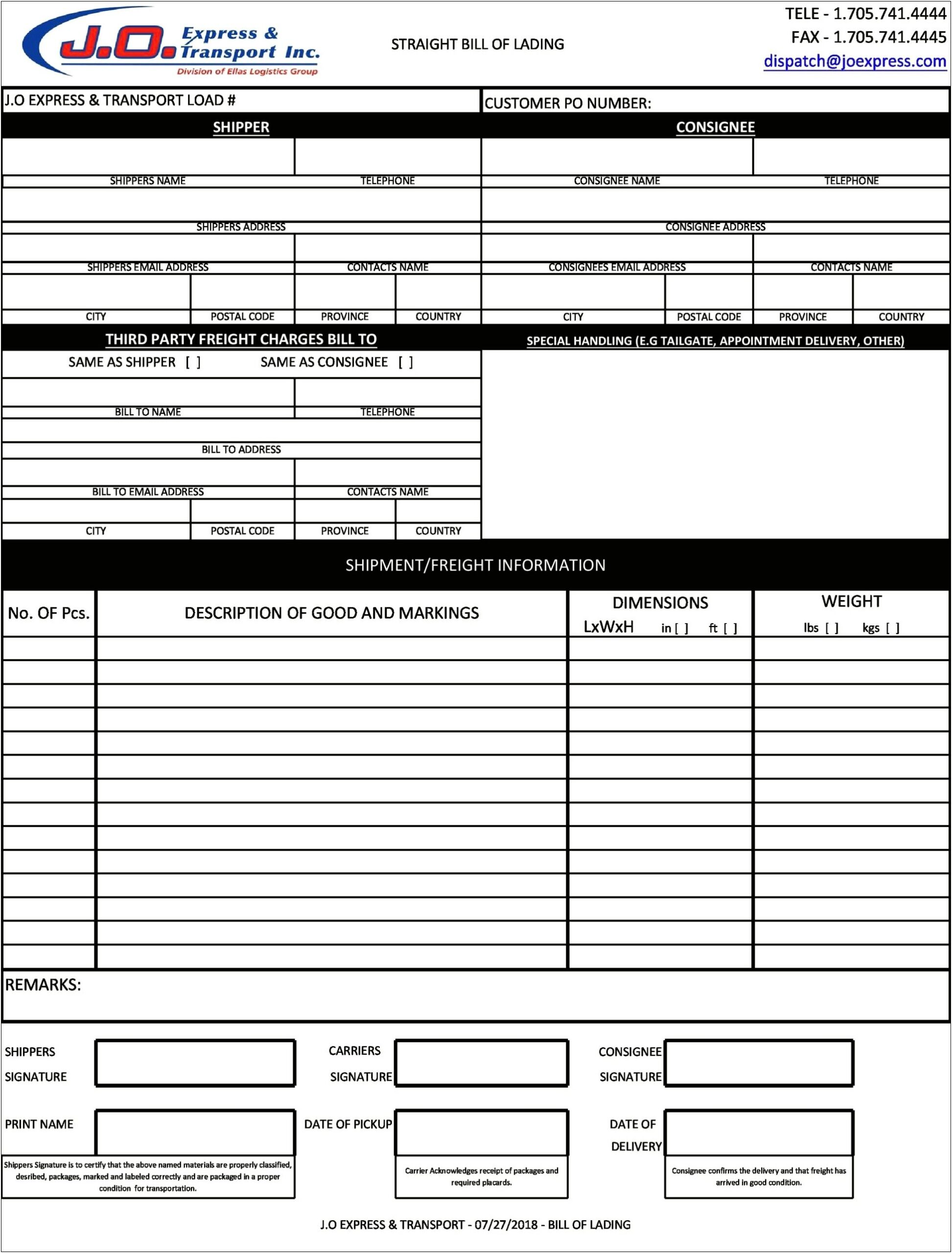 Bill Of Lading Free Template And Free Printable