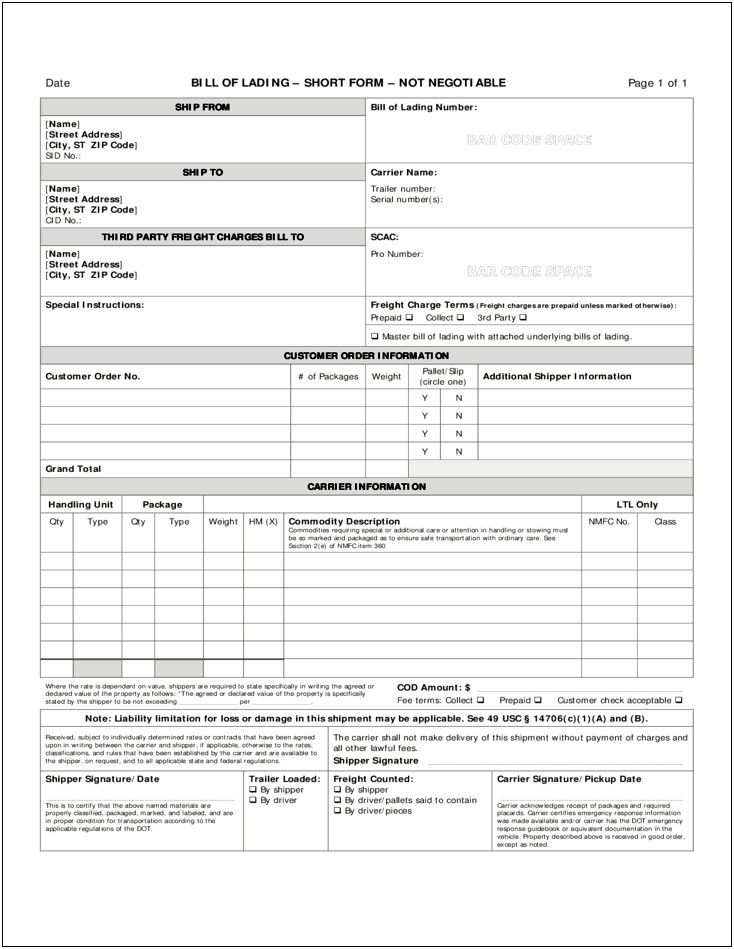 Bill Of Lading Short Form Template Free