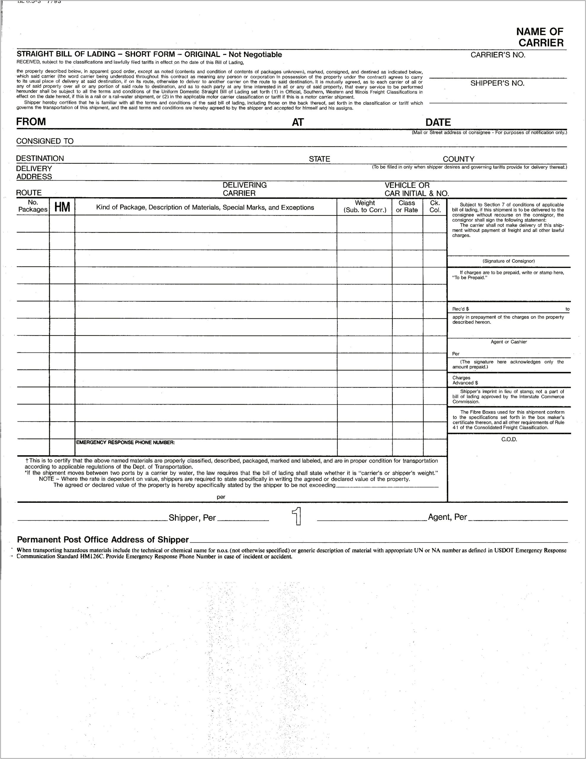 Bill Of Lading Template Free Download