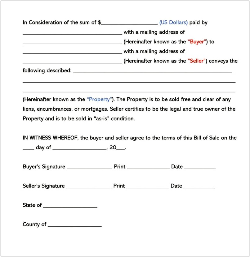 Bill Of Sale Contract Template Free