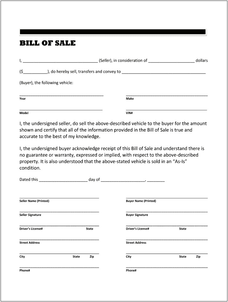 Bill Of Sale Texas Free Template