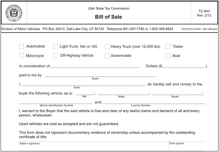 Bill Of Sale Utah Template Free