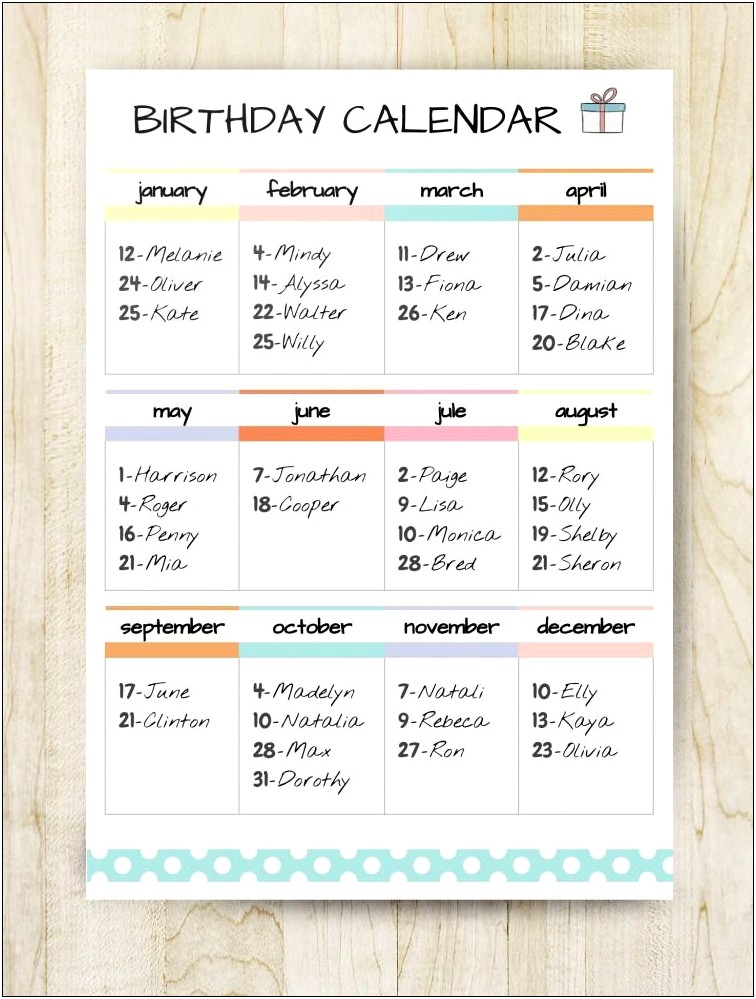 Birthday Calendar Without The Year Template Free