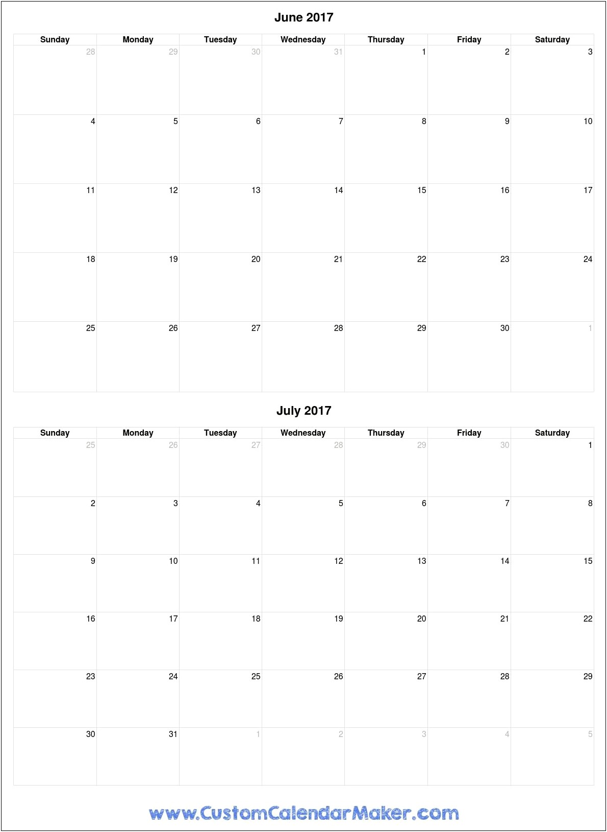 Blank Calendar Template June 2017 Free