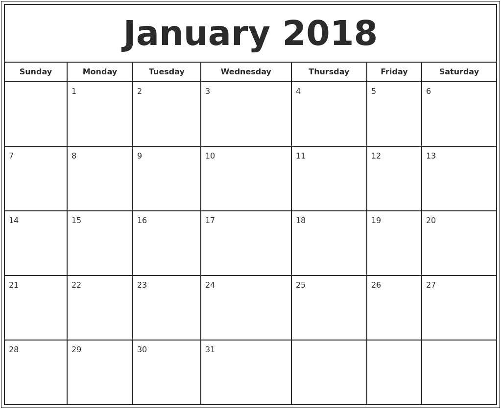 Blank January 2019 Calendar Template Free
