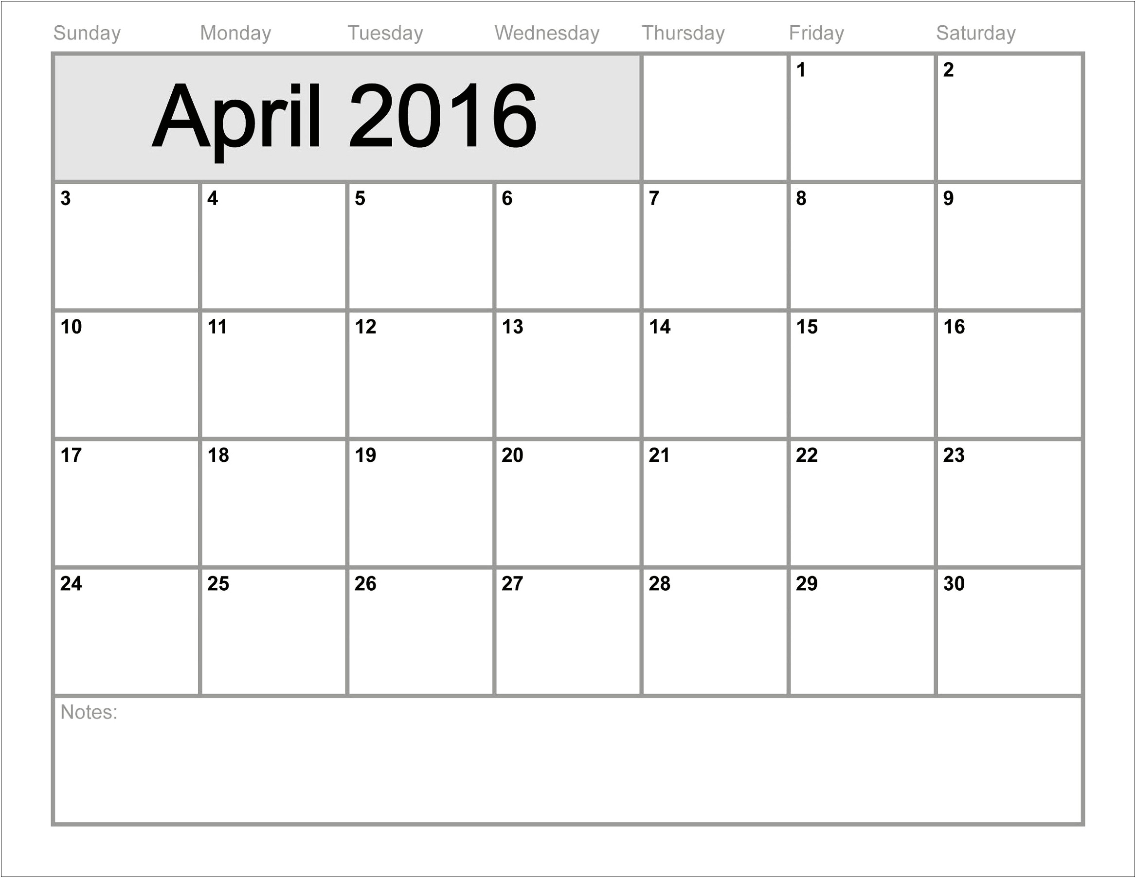 Blank Monthly Calendar Template 2016 Free Printable