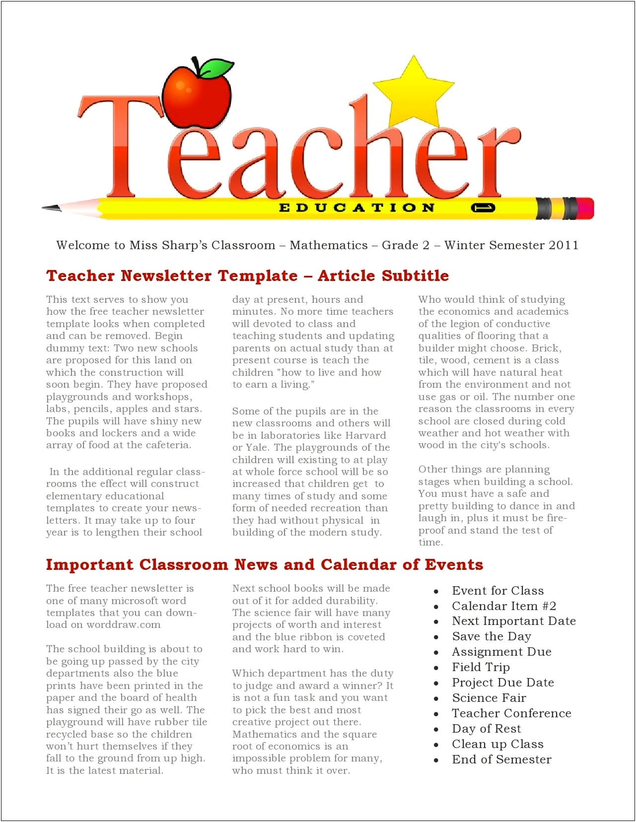 Blank Newsletter Templates Free For Teachers