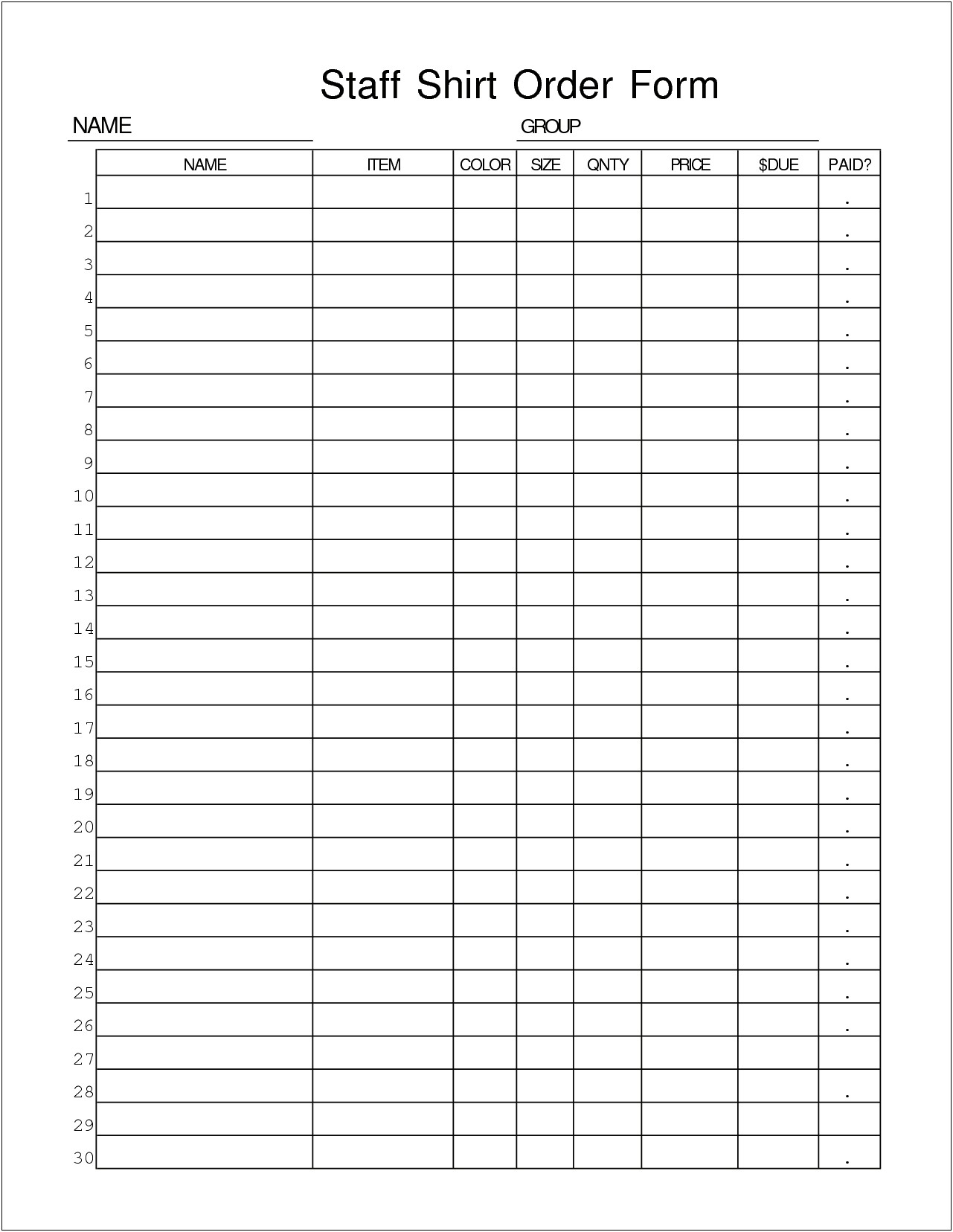 Blank Order Form Template Free For T Shirts