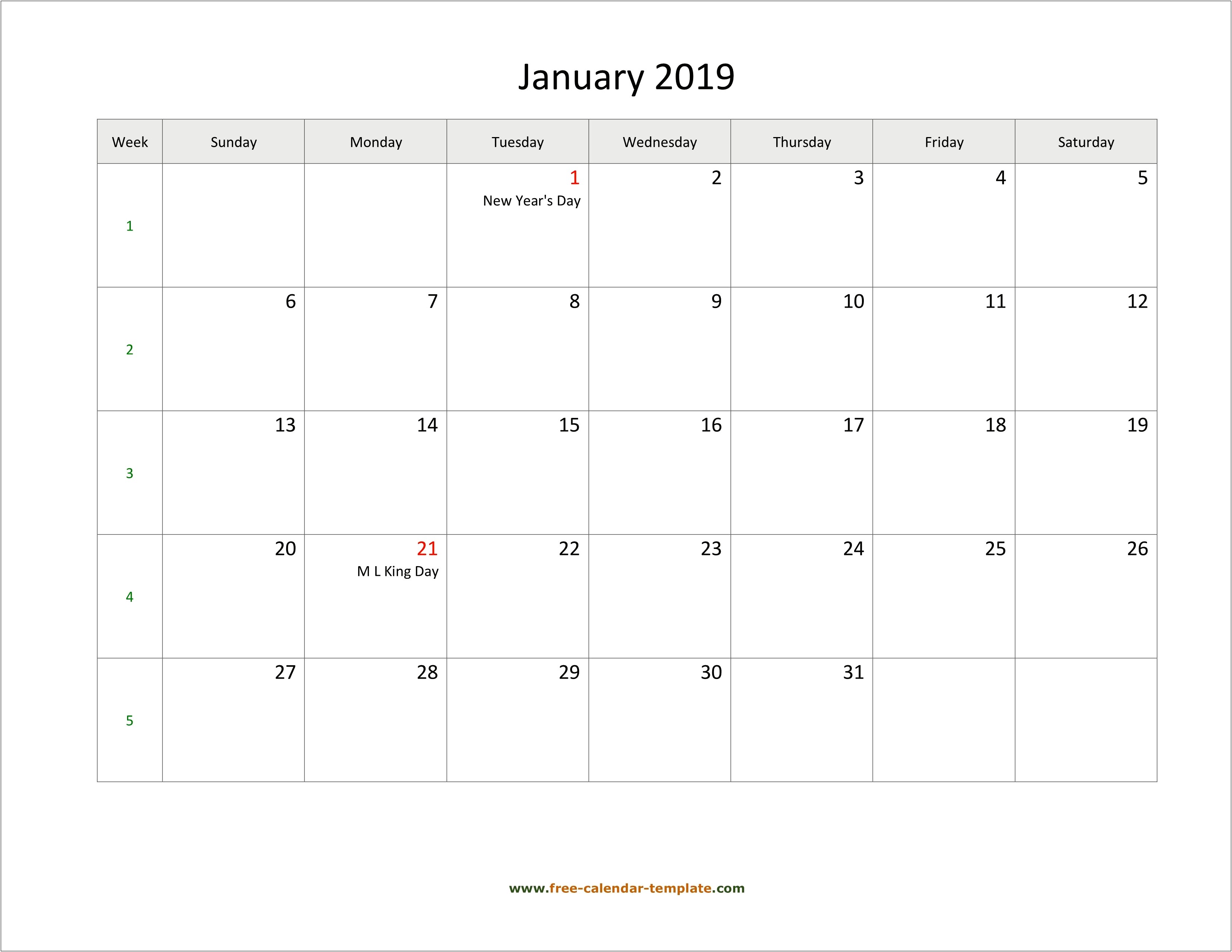 Blank Template Free Calendar Printable 2019