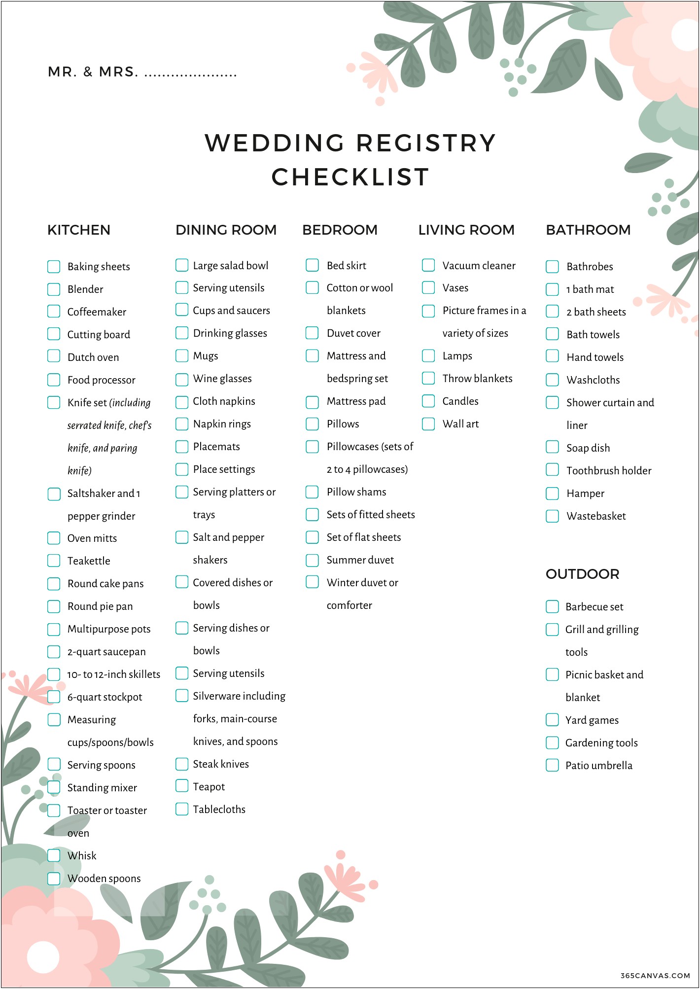 Bridal Shower Gift List Template Free