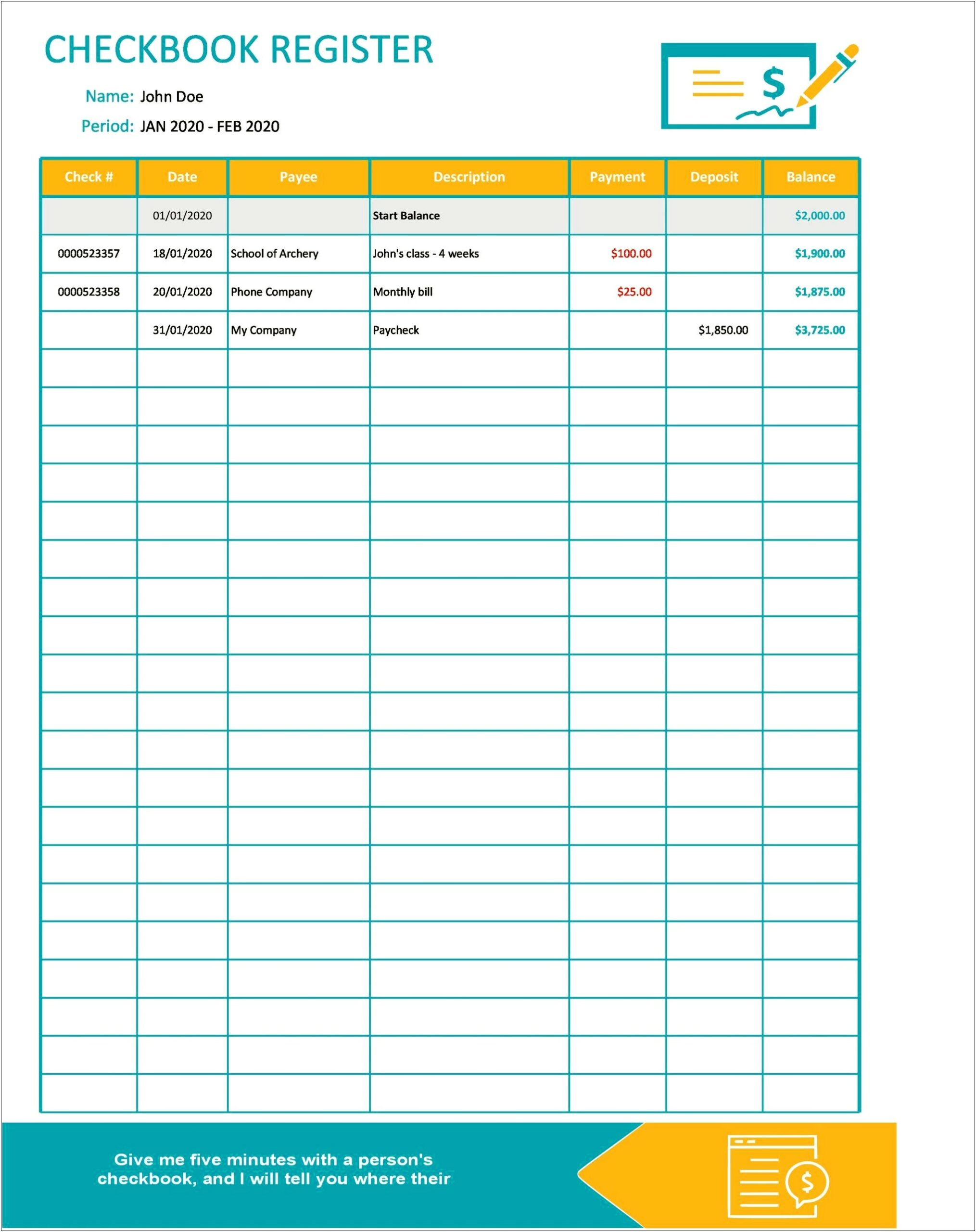 Business Check Register Template Free Downloadable