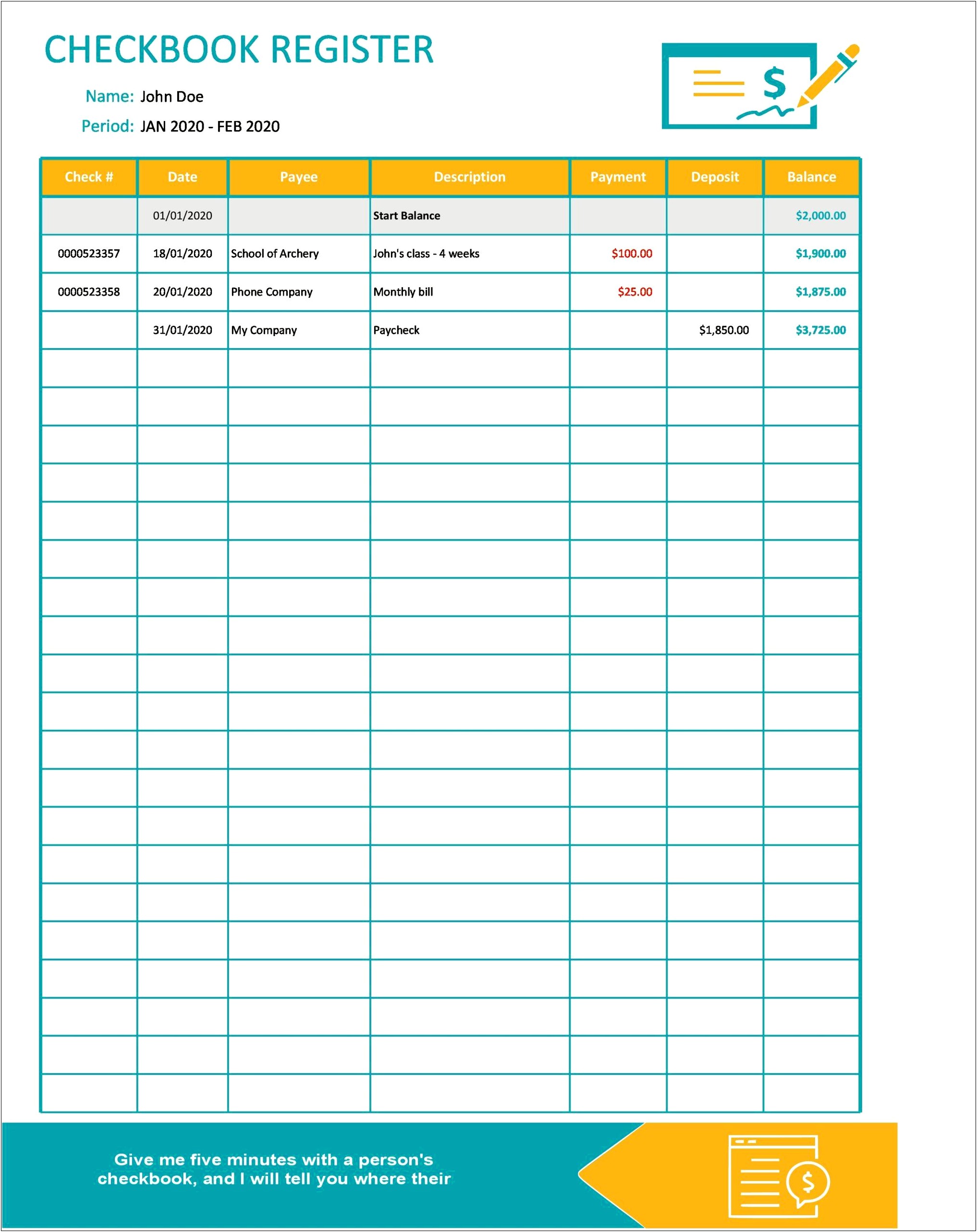 Business Check Register Template Free Downloadable