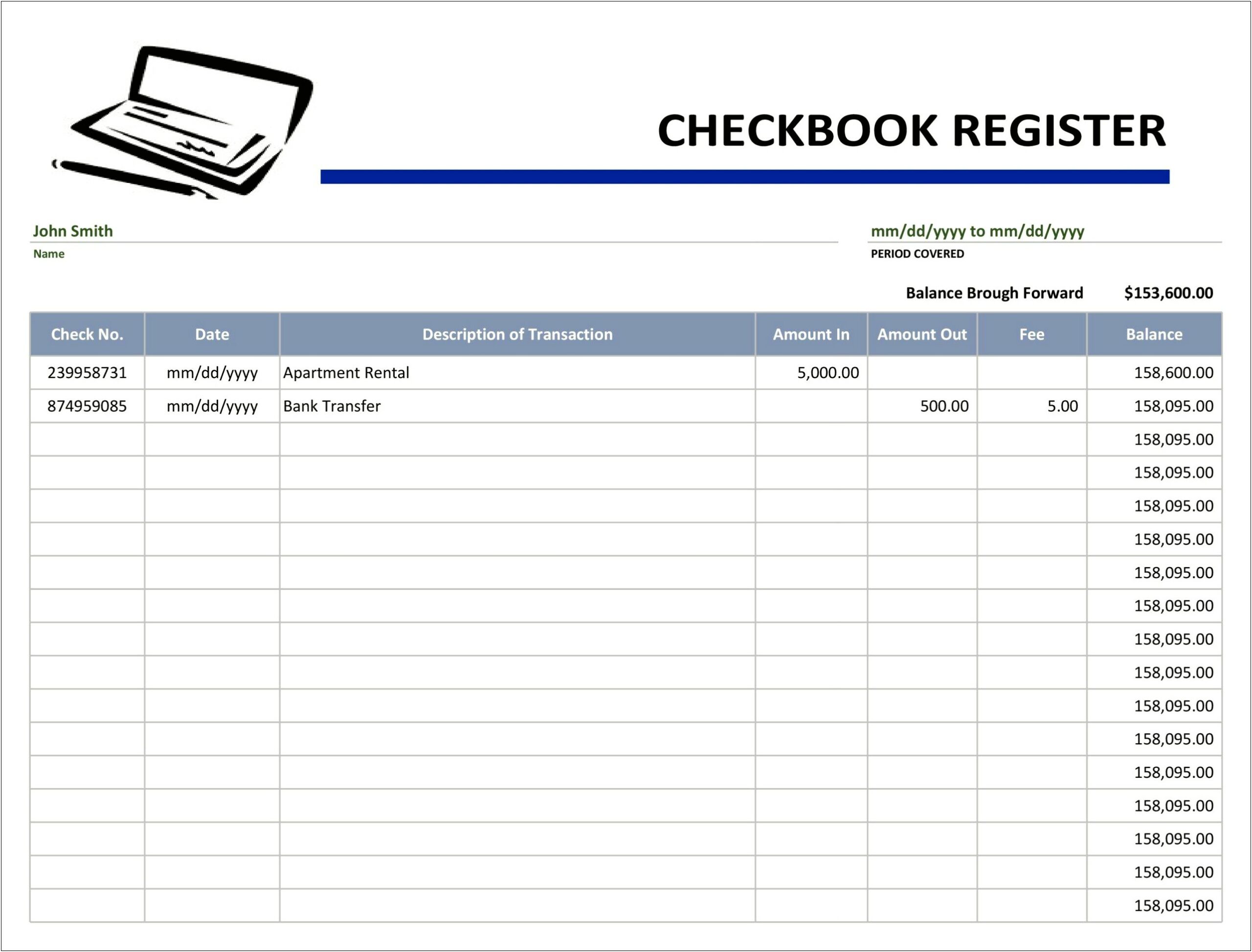 Business Check Register Template Free Excel