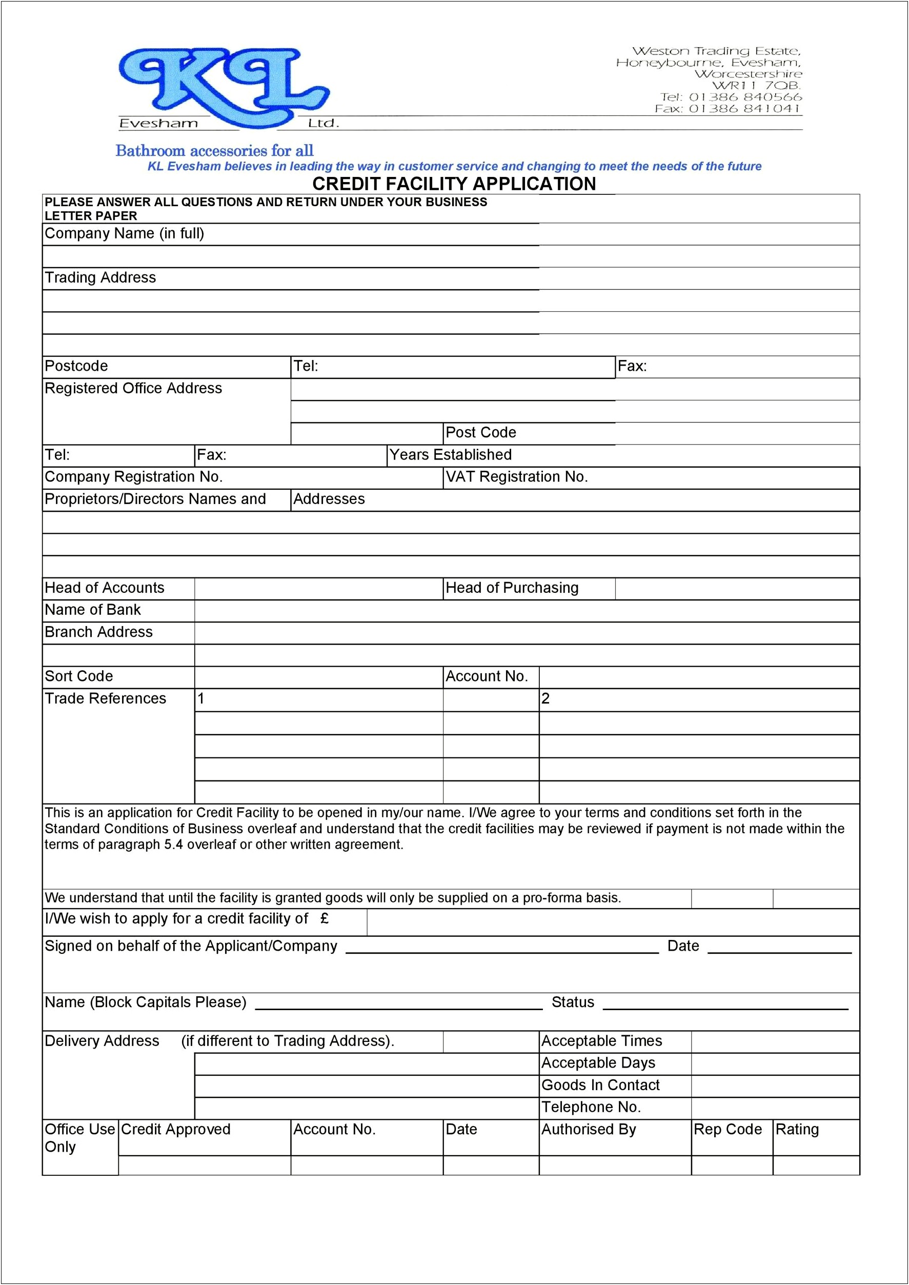 Business Credit Application Form Template Free Uk