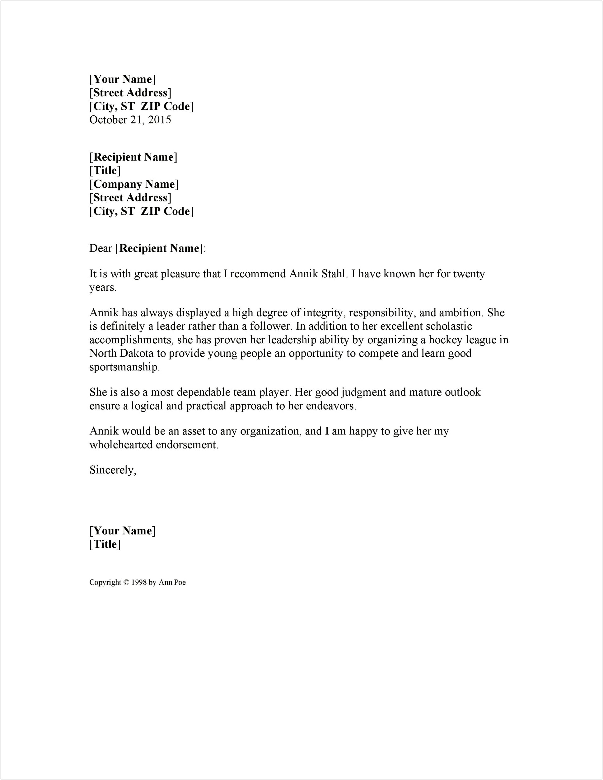 Business Letter Of Reference Template Free