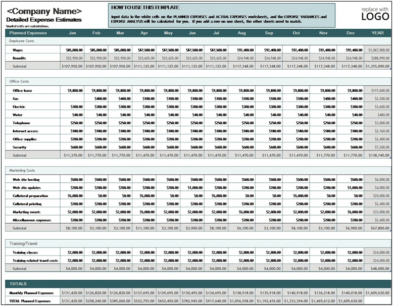 Business Yearly Expense Spreadsheet Template Free