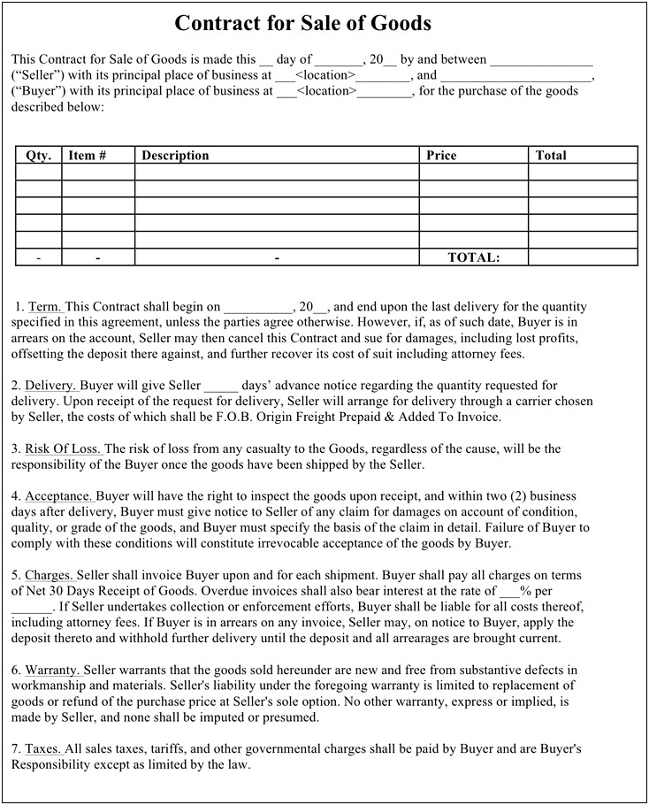 Buy And Sell Contract Template Free Pdf